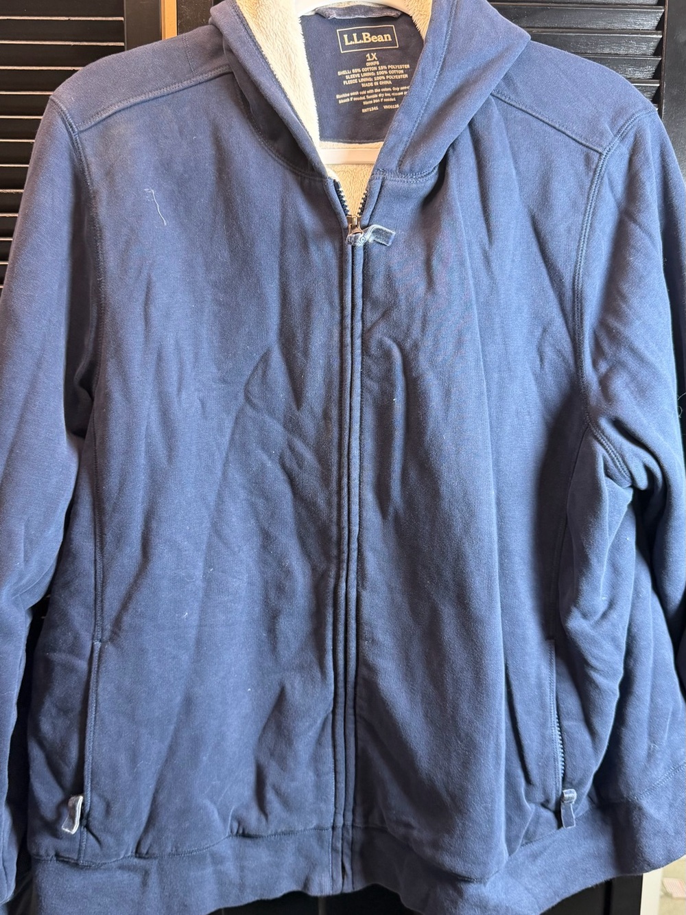 L.L. Bean Men's Navy Hooded Zip-Up Jacket with Sherpa Lining